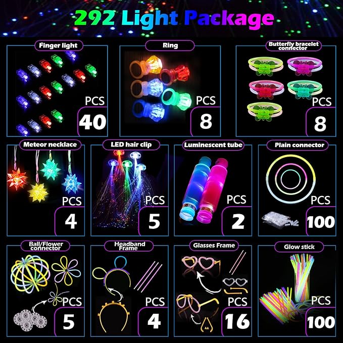 292 PCS Glow in the Dark Party Supplies for Kids Adults,Neon Party Favors Glow Sticks Rings Glasses Headband Birthday Graduation Glow Party
