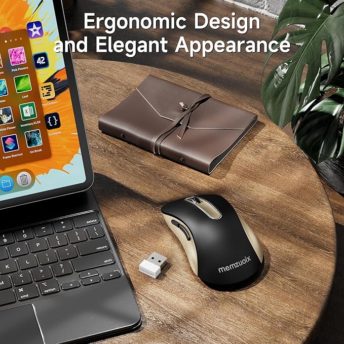 memzuoix 2.4G Wireless Mouse, 1400 DPI Computer Mice with USB Receiver, Portable Wireless USB Battery Powered Cordless Mouse for Laptop, PC, Desktop, 5 Buttons (Black Gold)