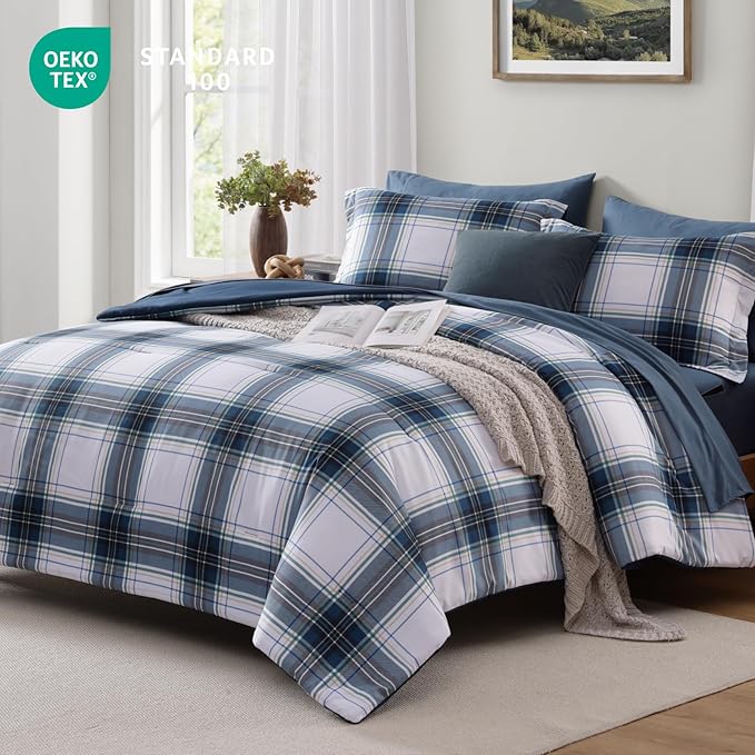 MaiRêve Full Size Plaid Comforter Set Blue White, Classic 7 Pieces Farmhouse Bedding Set, All Season Lightweight Bed in A Bag with Sheets, Pillowcases & Shams