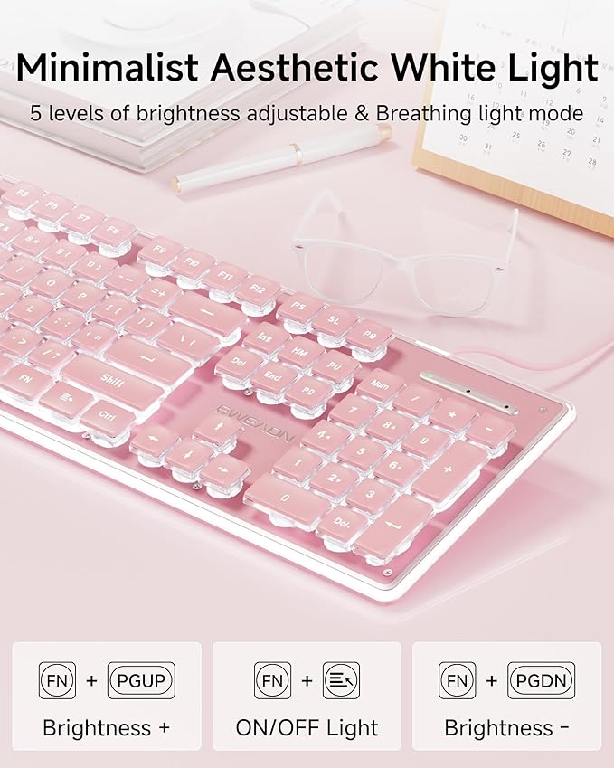 EWEADN GX710S Backlit Computer Keyboards, Wired USB Keyboard with White Backlit, Metal Panel, Plug and Play, Pudding Keycaps Full Size Quite Computer Keyboard for Win/PC/Laptop-Pink
