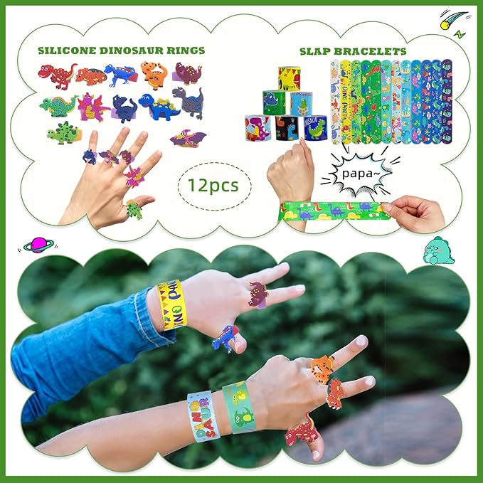 144Pcs Dinosaur Party Favors for 12 Kid, Dino Birthday Party Favors Include Dinosaur Bubble Wands Hatching Eggs Bags Art Kit Silicone Rings Bracelets Stickers for Dinosaur Birthday Party Supplies