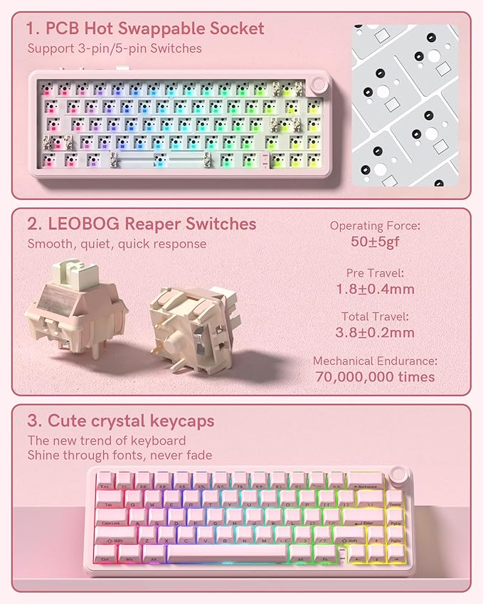 Keymatic 65% Layout Wireless Mechanical Keyboard,Cute Crystal Gaming Keyboard with Knob, Hot Swappable Pre-lubed Switches,Gasket Mounted RGB for Win/Mac,Pink