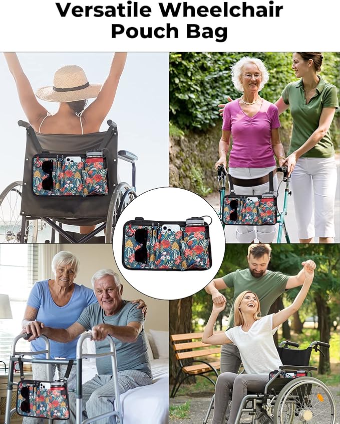 JOYTUTUS Walker Side Bag, Wheelchair Armrest Storage Pouch with Cup Holder, Wheelchair Accessories for Seniors, Walker Bag Cup Holder for Walker, Rollator, Electric Scooter or Wheelchair Green