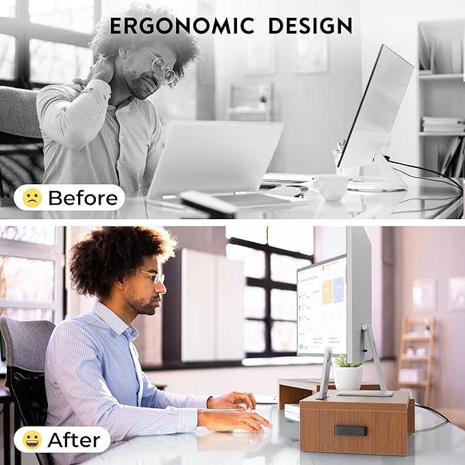 BONTEC Dual Monitor Stand Riser with Smartphone Holder, Adjustable Length & Swivel Angle, Ergonomic Wooden Desktop Organizer for PC Monitor, Laptop, Printer, Large Storage, Walnut