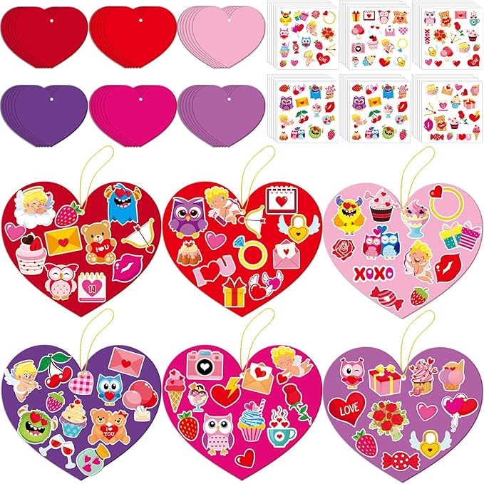36 Sets Valentine's Day Heart Craft Kits for Kids Valentines DIY Heart-Shaped Craft Kits with Stickers Valentines Day Hanging Multicolor hearts Crafts for Classroom Home Activity Decoration