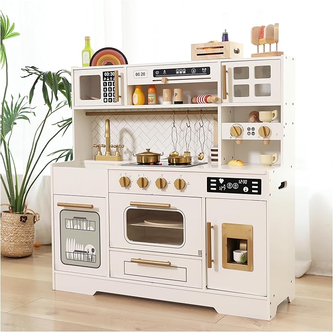 Interactive Wooden Play Kitchen Set for Kids: Realistic Features with Extended Storage and 15 Kitchen Accessories, Ideal Pretend Playset Gift for Toddlers and Children Ages 3+