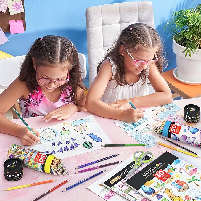 ARTEZA 100 Colored Pencils for Kids, 50 Double-Sided Pre-Sharpened Coloring Pencils for Kids for Drawing and Sketching