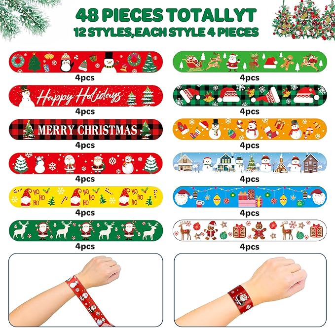 48 Pcs Christmas Slap Bracelets, Christmas Decorations, 12 Styles for Christmas Party Favors Christmas Stocking Stuffers