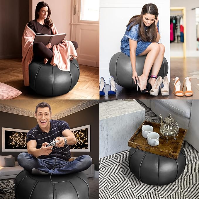 Louis Donné Unstuffed Pouf Ottoman,Faux Leather Ottoman Pouf Cover, Supersoft Handmade Moroccan Decor, Storage Solution, Foot Rest, Footstool, Pouffe for Balcony Office Indoor 21dia Grey