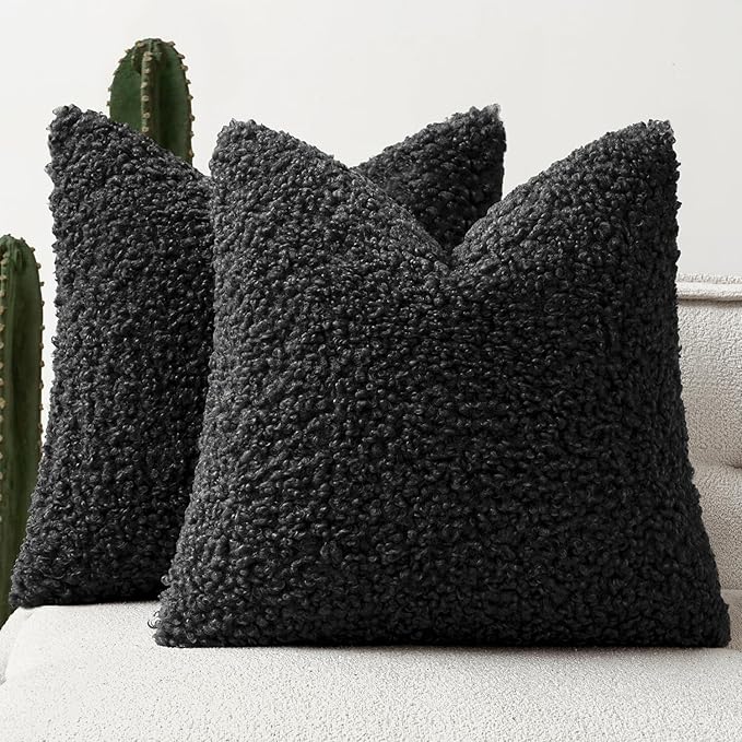 Woaboy Faux Fur Throw Pillow Covers 20x20 Inch Set of 2 Boucle Neutral Decorative Sherpa Fuzzy Accent Soft Sheepskin Fleece Cushions Modern Home Decor for Couch Sofa Bedroom Living Room,Black
