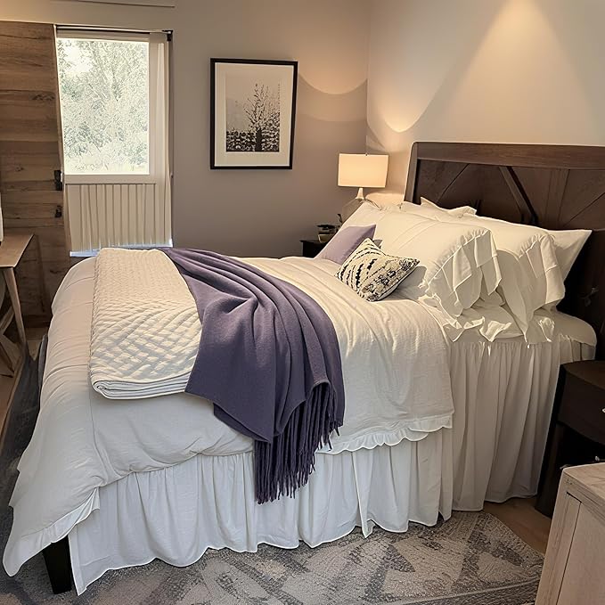 Simple&Opulence 100% Linen Duvet Cover Set, 3 PCS Natural French Flax White Ruffle Duvet Cover King Size, Breathable Comfy Linen Bedding Comforter Cover with 2 Pillowcases (White, 104" X 92")