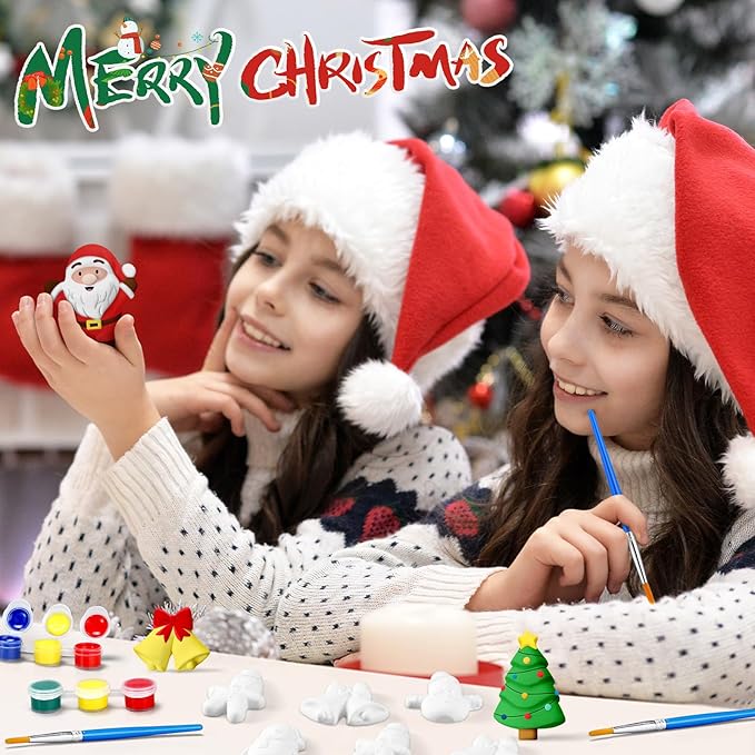 20 Set Christmas DIY Painting Kit Ceramic to Paint Your Own Snowman Santa Xmas Tree Penguin Statues Unpainted Plaster Figurines Brushes Acrylic Paints Bags Party Favor for Kids Adults