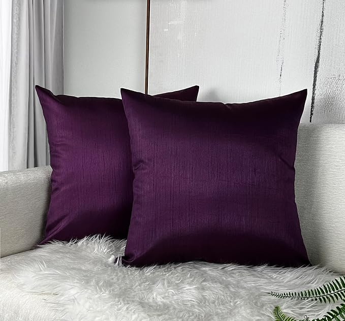 Aiking Home Collection 26x26 Inches Faux Silk Square European Shams, Zipper Closure, Eggplant (Set of 2)