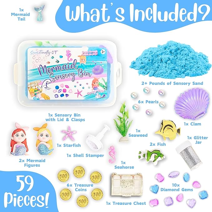 38 PCS Mermaid Sensory Sand Bin with Magic Sand,Seashell Stamp, Sensory Bin & Treasure Accessories – Perfect for Creative Play and Learning, Ideal Gift for Toddlers & Kids