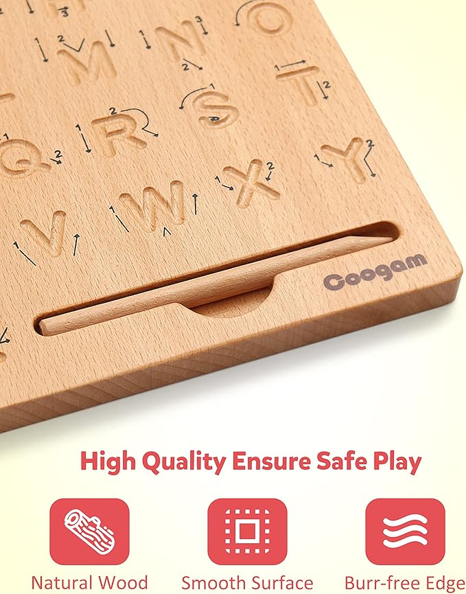 Coogam Wooden Letters Practicing Board, Double-Sided Alphabet Tracing Tool Learning to Write ABC Educational Toy Game Fine Motor Montessori Gift for Preschool 3 4 5 Years Old Kids