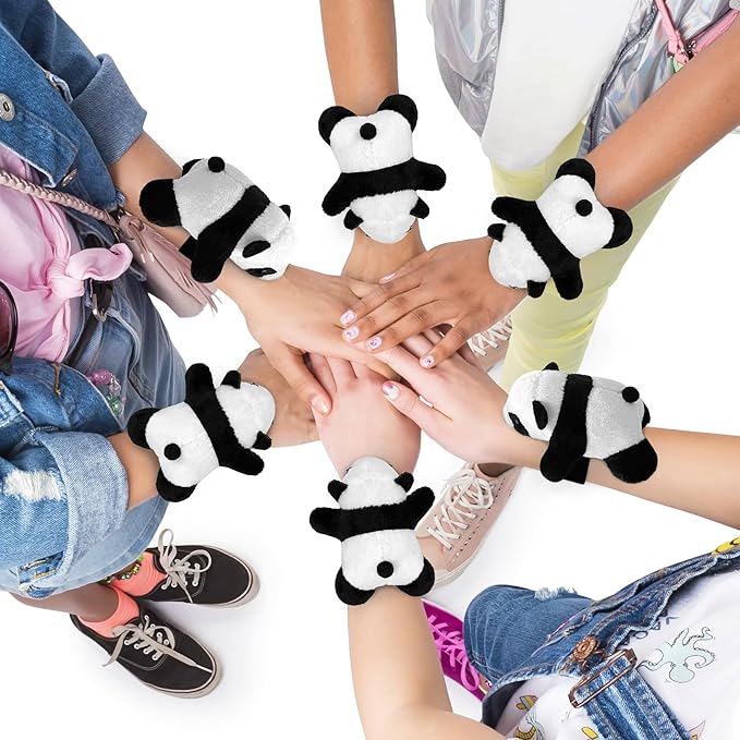 12 PCS Panda Slap Bracelets Huggers Cute and Pretty Panda Slap Bracelets Huggers for Kids Gifts for Panda Birthday Party Favors Plush Animal Snap Bracelets