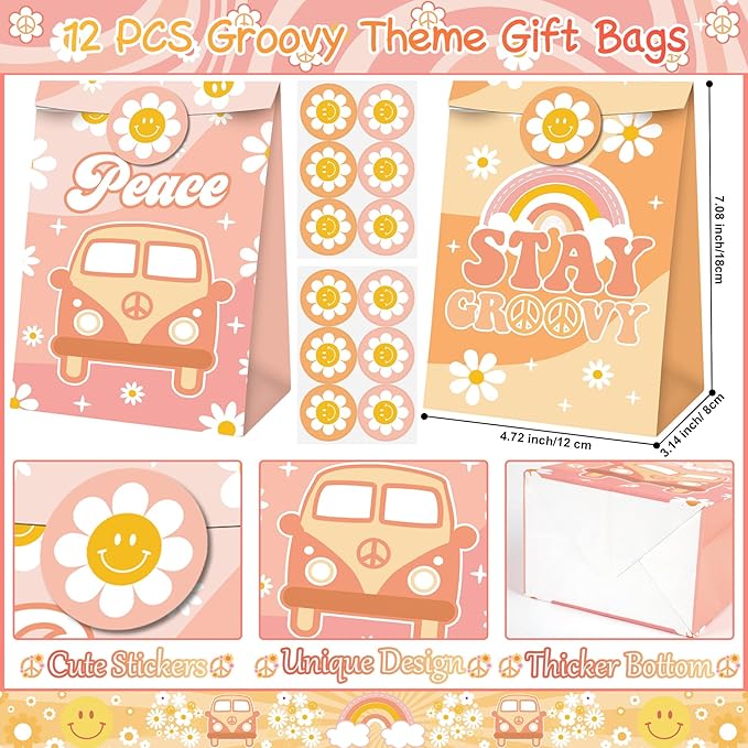 Groovy Party Favors 72 PCS Retro Boho Slap Bracelets DIY Stickers Temporary Tattoos Keychains Plastic Straws Gift Bags for Retro 60s 70s Boho Themed Birthday Party Baby Shower Classroom Rewards