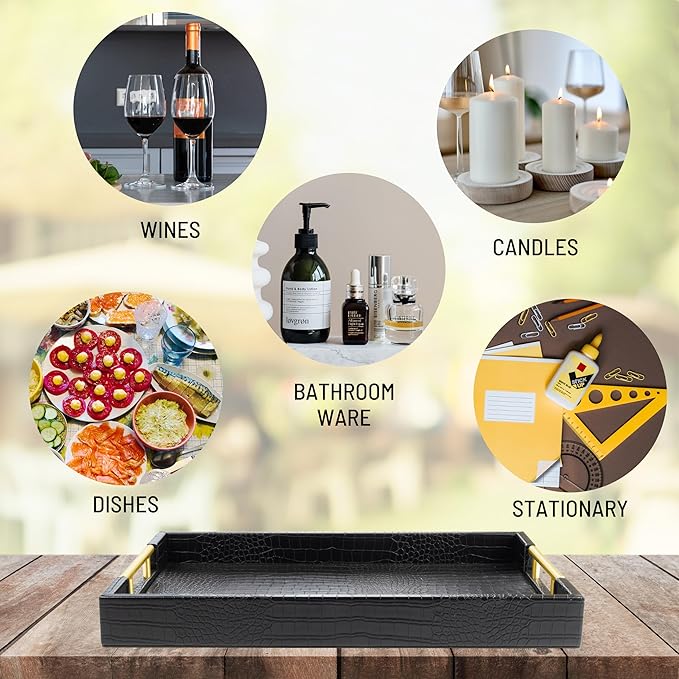 ATZYmolin 17" x 12" Wood Serving Tray with Gold Polished Metal Handles, Home Decorative Wooden Rectangle Ottoman Leather Decor Platter Bathroom Vanity Tray for All Occasions Alligator Black