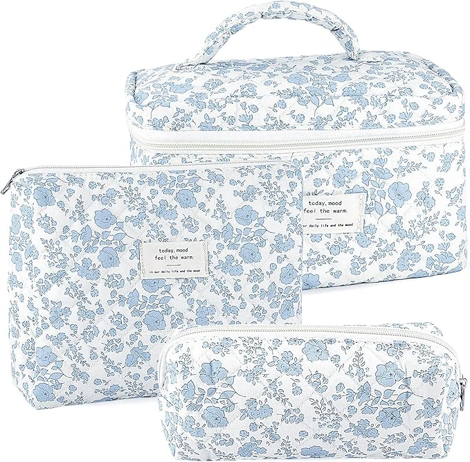 URSKYTOUS 3Pcs Makeup Bag Quilted Cosmetic Bag Set Bow Travel Large Makeup Pouch for Women Cute Portable Cotton Toiletry Bag Skincare Organizer Coquette Vintage Travel Essential