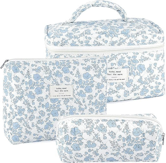 URSKYTOUS 3Pcs Makeup Bag Quilted Cosmetic Bag Set Bow Travel Large Makeup Pouch for Women Cute Portable Cotton Toiletry Bag Skincare Organizer Coquette Vintage Travel Essential