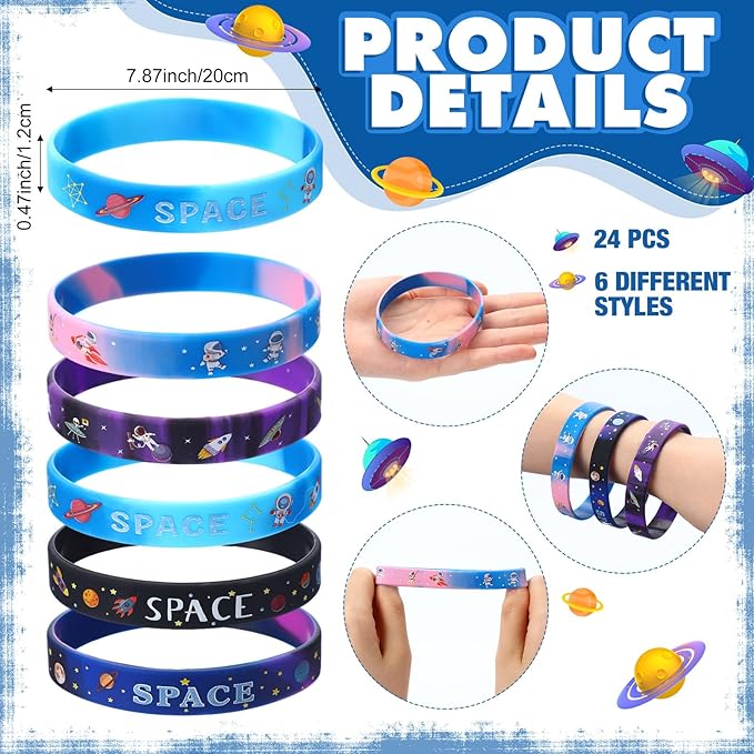 48 Pcs Outer Space Party Favors 24 Space Slap Bracelets 24 Silicone Wristbands Galaxy Astronaut Bracelets Bulk for Kids Classroom Rewards Stars Solar System Planet Birthday Party Supplies