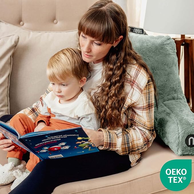 Nestl Fur Reading Pillow, Stylish Back Pillow for Bed Sitting Up, Faux Fur Bed Chair Pillow with Arms, Reading Pillows for Sitting in Bed Adult & Kids, Back Support Pillow for Bed Rest - Sage Green