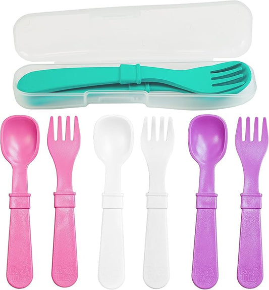 Re-Play Made in USA Toddler Forks and Spoons, Pack of 8 With Carrying Case - 4 Kids Forks with Rounded Tips and 4 Deep Scoop Toddler Spoons - 0.2" Thick Toddler Utensils with Case, Sparkle