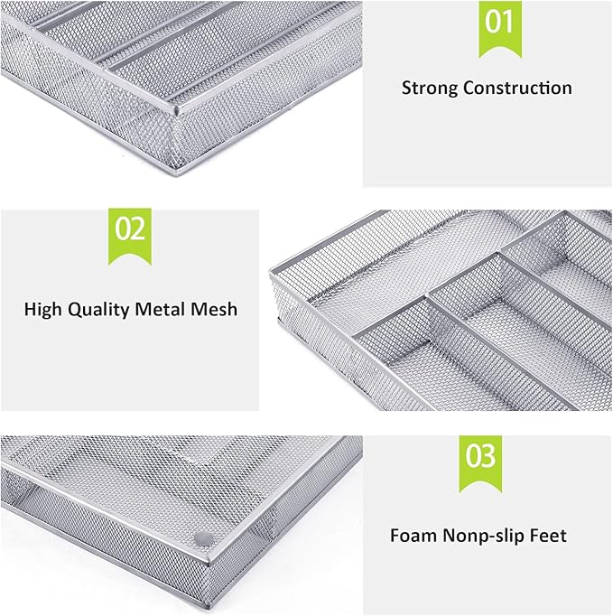 Neudeco Silverware Drawer Organizer Holder, Cutlery Tray Silverware Flatware Storage Divider for Kitchen, Bedroom, Living Room,Mesh Wire with Non-slip foam Feet, 5 Compoment（ Silver）