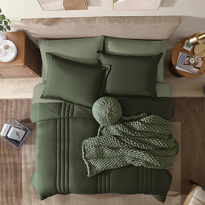 Monbix Oversized King Size Comforter Set - 7 Pieces Olive Green Bed in a Bag Oversized King Bedding Sets with Comforters, All Seasons Comforter Bed Set with Sheets, Pillowcases & Shams