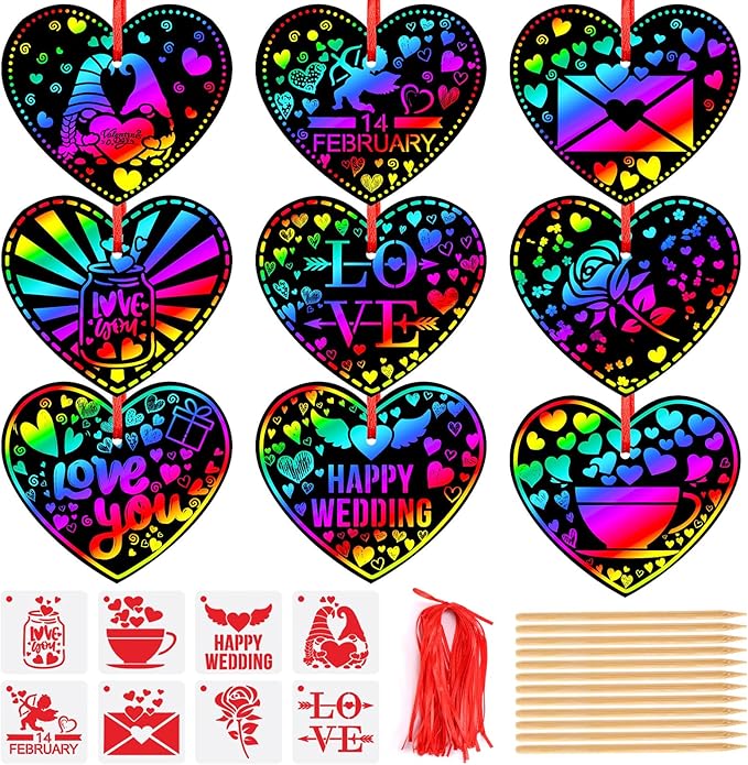 JULMELON Valentines Crafts for Kids, 48 PCS Heart Rainbow Scratch Art Valentines Day Cards for Kids Classroom Scratch Paper Art for Valentines Day Gifts Party Favors with 8 Pcs Valentines Day Stencils