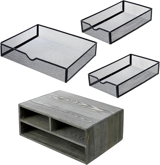MyGift Vintage Weathered Gray Solid Wood Desktop Organizer Box with 3 Removable Black Metal Mesh Trays, Office Desk Supplies Storage Drawers for Accessories