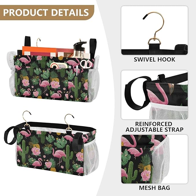 Black Flamingo and Cactus Pineapple Flower Tropical02 Bedside Caddy for Dorm Bed Bedside Hanging Caddy Bag Iron Frame Storage Organizer Pocket for Bunk Home College Hospital Beds 2 Hooks
