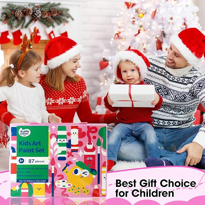 KIDDYCOLOR Kids Art Set, Drawing Art Supplies for Girls & Boys Ages 4-8 with Watercolor Cakes, Oil Pastels, Colored Pencils, Ideal Gift for Young Artist, Pink-87pcs