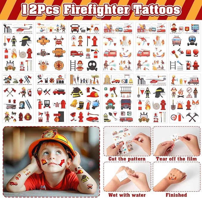 Fire Truck Party Favors Birthday Supplies, Firefighter Drawstring Bag Keychain Silicone Bracelet Tattoo Sticker, Firetruck Birthday Party Goodie Bag Stuffers Fillers Classroom Rewards for Kid