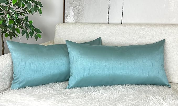 Aiking Home 12x24 Inches Faux Silk Rectangular Throw Pillow Cover, Zipper Closure, Aqua (Set of 2)
