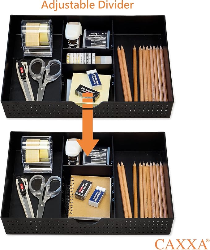 CAXXA 2 Pack 3 Slot Drawer Organizer with Two Adjustable Dividers - Junk Drawer Storage for Office Desk Supplies and Accessories, Black (2 Pack)