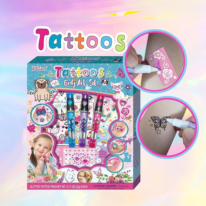Kids Makeup Set Glitz Fun Tattoo DIY Set Glitter Tattoo Sets Playing Sticker Stencil Set Kids Toys for Birthday Gifts