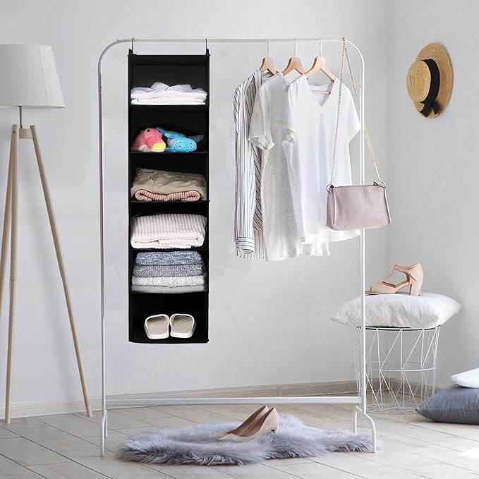 MAX Houser 6 Tier Shelf Hanging Closet Organizer, Closet Hanging Shelf with 2 Sturdy Hooks for Storage, 2 Pack, Foldable (Black)