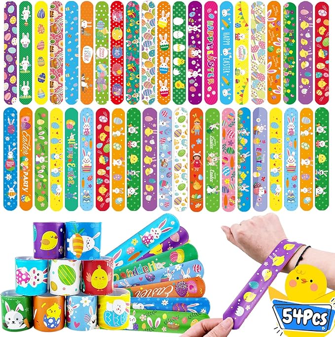 54Pcs Easter Slap Bracelets, Easter Basket Stuffers, Easter Egg Fillers Gifts, Easter Egg Hunt Event, Party Favors , Classroom Prizes for Kids Teens Toddler, School Supplies