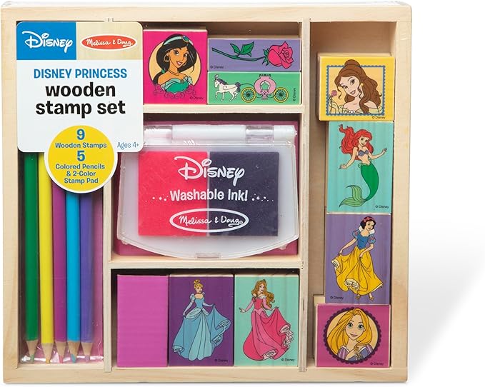 Melissa & Doug Disney Princess Wooden Stamp Set: 9 Stamps, 5 Colored Pencils, and 2-Color Stamp Pad