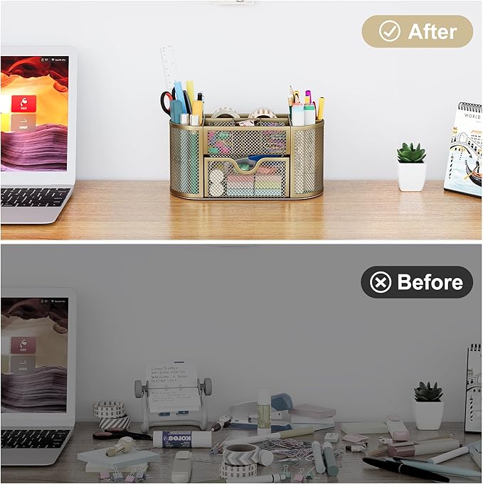 EasyPAG Mesh Pen Holder Desk Organizer with Drawer Stationery Supplies Organizer for Dorm School 9 Compartments Workspace Desk Accessories Organization for Office, Gold