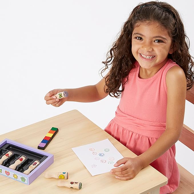 Melissa & Doug Happy Handles Wooden Stamp Set: 6 Stamps and 6-Color Stamp Pad With Washable Ink, Easy To Hold Stampers For Kids Ages 4+