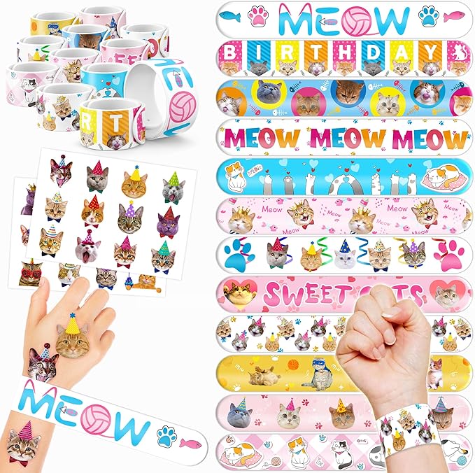 48PCS Cat Party Favors - 24PCS Tattoos & 24PCS Slap Bracelets - Kitty-Themed Birthday Supplies, Cute Decorations, Classroom Prizes, Gifts for Boys & Girls