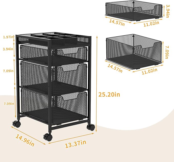 Rolling Utility Cart with 3 Drawers, Craft Organizer and Storage with DIY Divider, Lockable Wheels, Multi-Functional Storage for Art Supplies, Store for Brushes & Paints & Small Parts(Patent Pending)