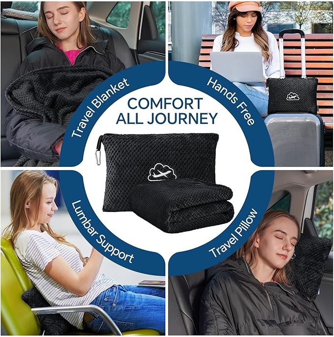 BEDELITE Travel Blanket with Bag, Ultra-Soft Jacquard Fleece Blanket with Luggage Sleeve & Backpack Clip, Airplane Blanket Travel Essentials, Black