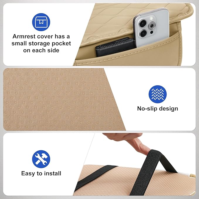 frani Car Center Console Cover,Leather Car Armrest Cover with 2 Storage Bags,Universal Car Arm Rest Cover,Car Interior Accessories Protector for Most Vehicle Beige
