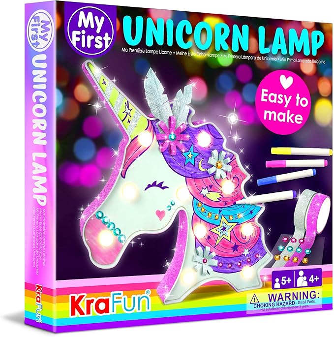 KRAFUN Easy DIY Unicorn LED Night Light Kids Lamp Kit for Girl Crafts – My First Beginner Arts and Crafts Gift, STEM STEAM Toys Painting Lamp with Marker for Age 5 6 7 8 9 10 11 12 Year Old