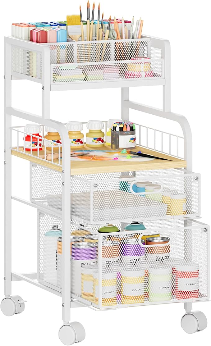 SWTYMIKI Rolling Cart with Drawers - Metal Utility Cart with Wood Shelf, DIY Divider and Locking Wheels, Craft & Art Cart Organizer for Under Desk Storage for Home Office Studio, White