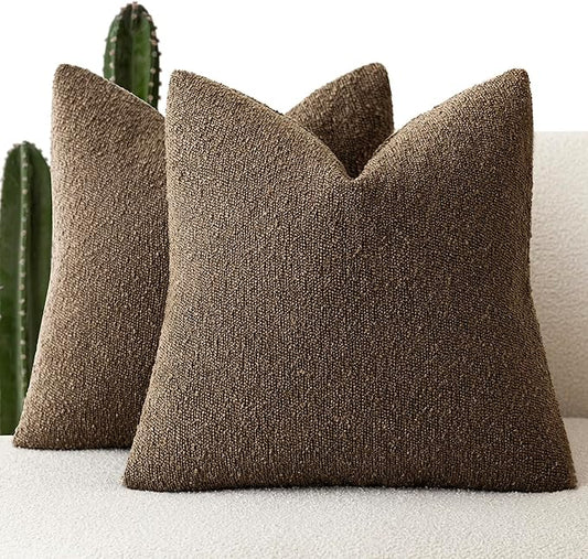 Foindtower Pack of 2 Textured Boucle Throw Pillow Covers Accent Solid Decorative Pillow Cases Cozy Woven Couch Cushion Case for Sofa Bedroom Living Room Home Decor 20x20 Inch Chocolate