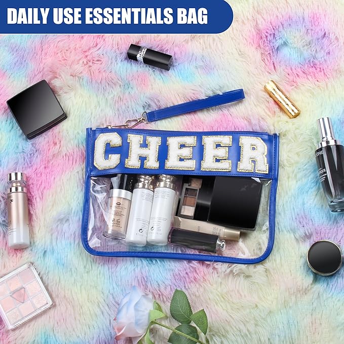 BuyCard Cheer Chenille Letter Bags Clear Makeup Bag, Cheerleader Gifts Cosmetic Bag, Varsity Preppy Patch Flat Pouch Cheer Accessories, Waterproof PVC Organizer Toiletry Bag for Women Girls Navy Blue